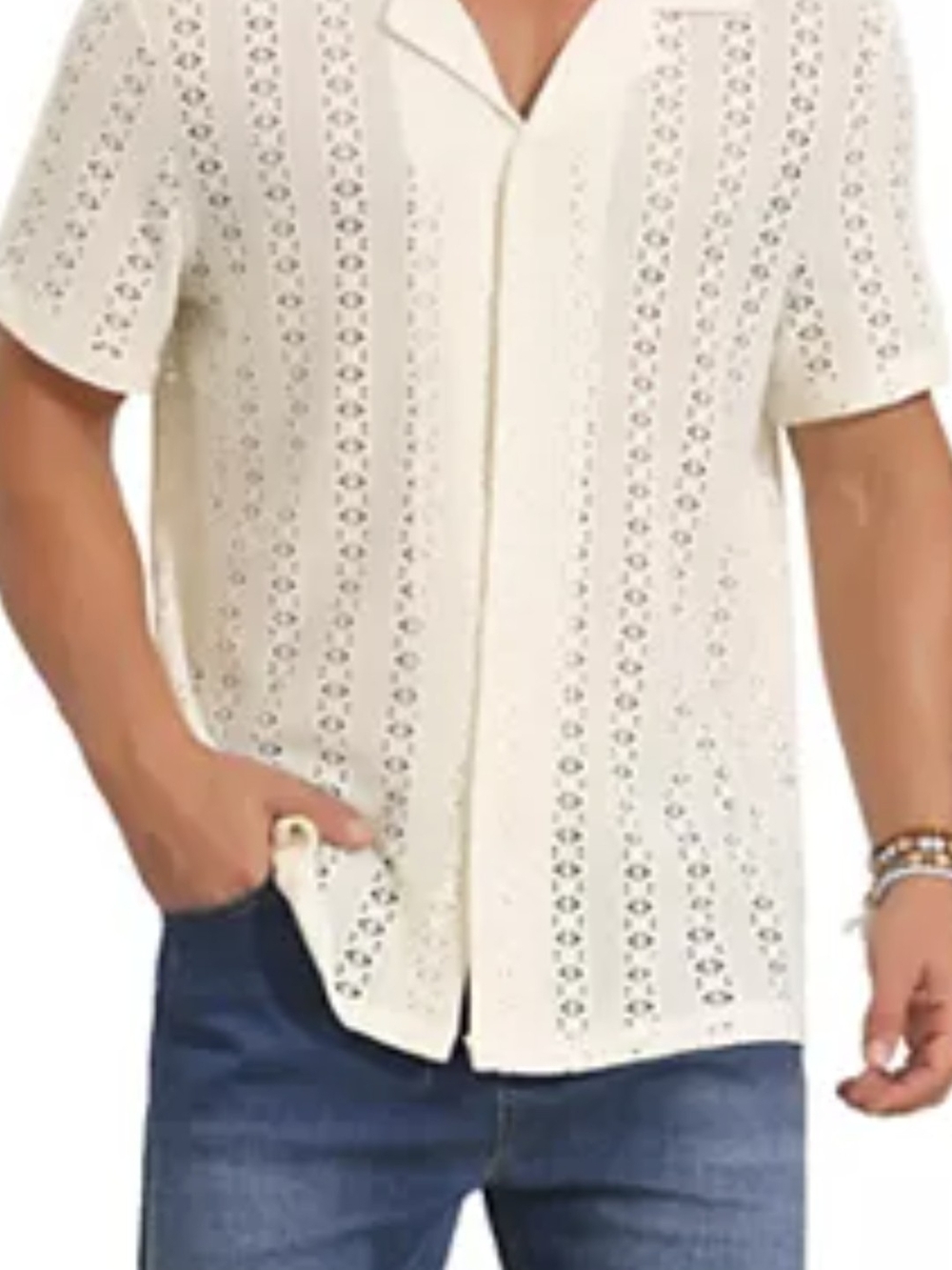 Men's Cream Short-Sleeve Openwork Button-Down Shirt